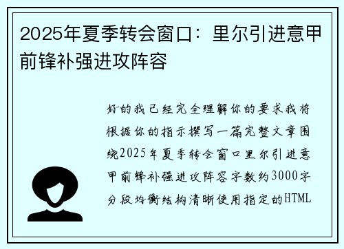 2025年夏季转会窗口：里尔引进意甲前锋补强进攻阵容