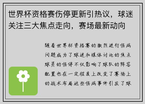 世界杯资格赛伤停更新引热议，球迷关注三大焦点走向，赛场最新动向