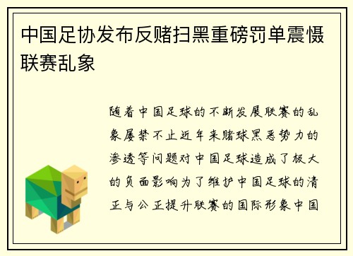 中国足协发布反赌扫黑重磅罚单震慑联赛乱象